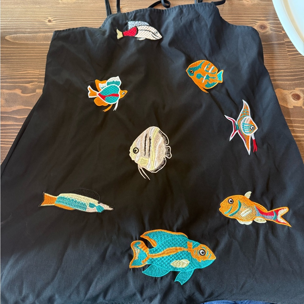 Colorful Fish Embroidered Black Apron